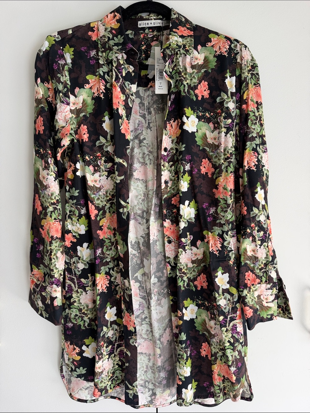 Alice + Olivia Black Floral shirt dress with Multicolor Blooms
